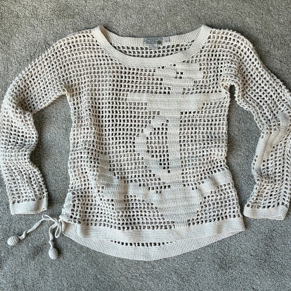 Anthropologie Handknit by Dollie Cream Anchor Crochet Sweater Coverup Top Size M